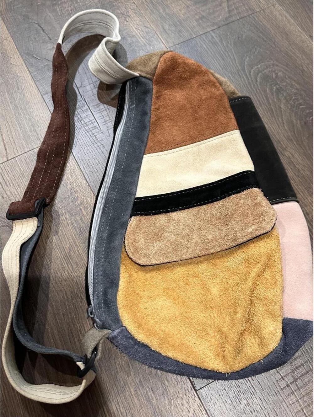 Genuine suede leather patchwork satchel